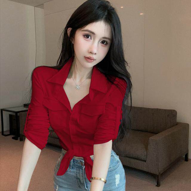 性感纯欲翻领绑带单排扣长袖衬衫女早秋新款修身显高级感短款上衣图片