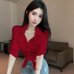性感纯欲翻领绑带单排扣长袖衬衫女早秋新款修身显高级感短款上衣