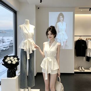 气质绝美高级感V领无袖衬衫背心女夏季绑带收腰洋气独特别致上衣