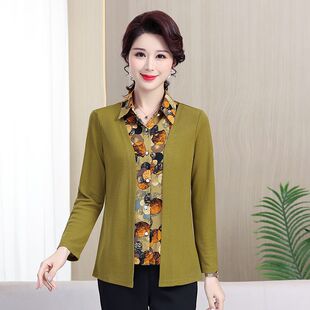 妈妈春装假两件长袖衬衫洋气中年女装针织小衫春秋减龄长袖上衣服