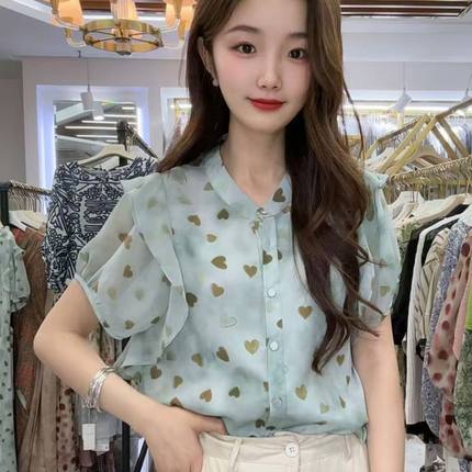 韩版碎花短袖衬衫女夏新款设计感小众减龄休闲百搭显瘦圆领上衣潮