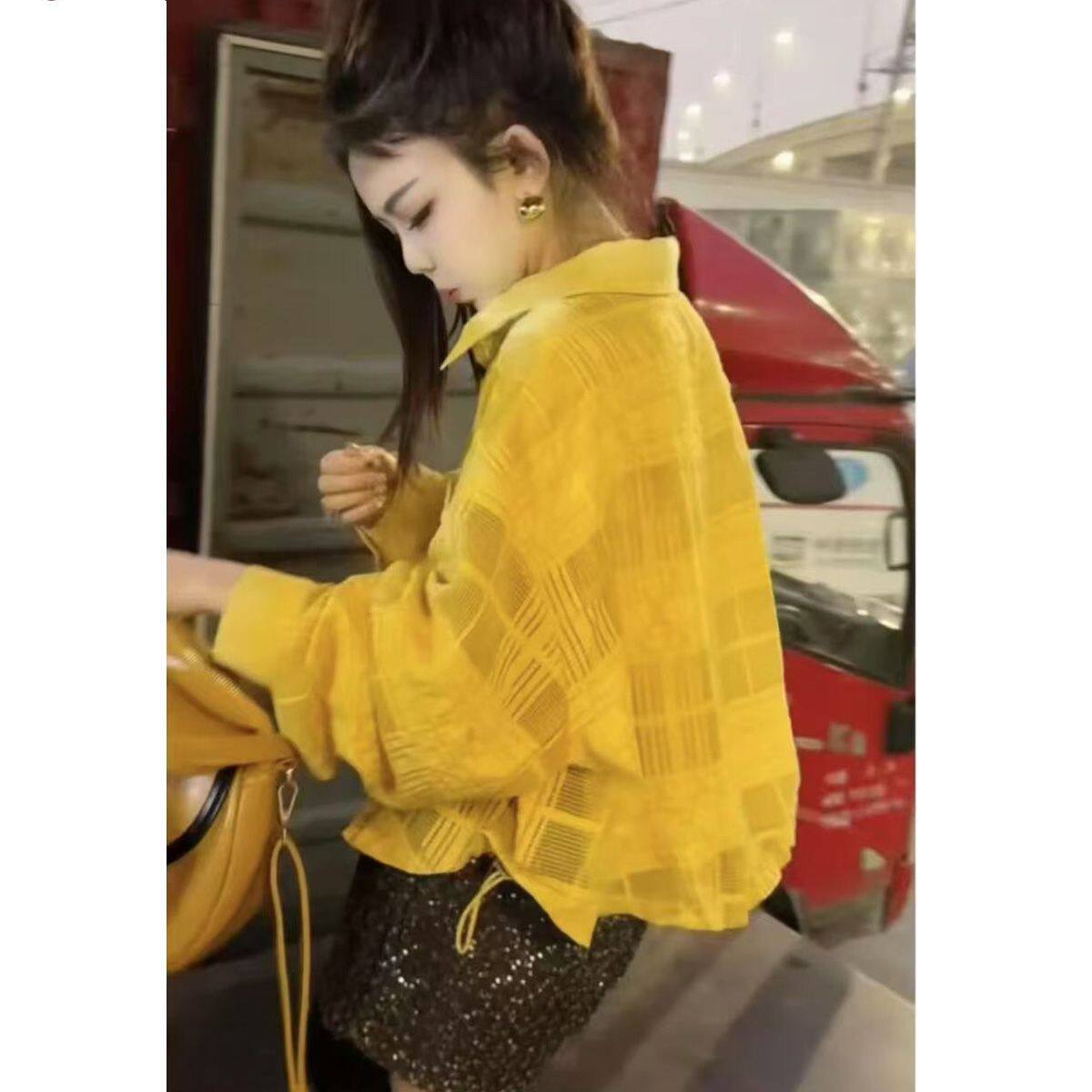 黄色格子衬衫女2026新款春夏薄款防晒开衫短外套女独特超好看上衣图片