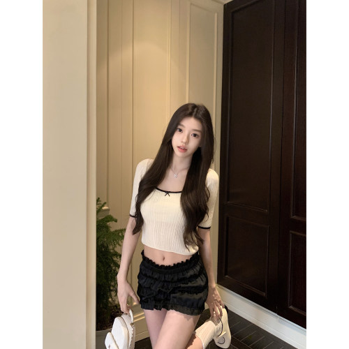 Le 19 RomanLand甜美方圆领撞色半袖毛衫上衣&多层次褶皱短裙半裙