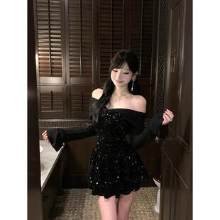 Le 19 RomanLand 酒杯派对 一字肩堆褶亮片拼接连衣裙贵气感裙子