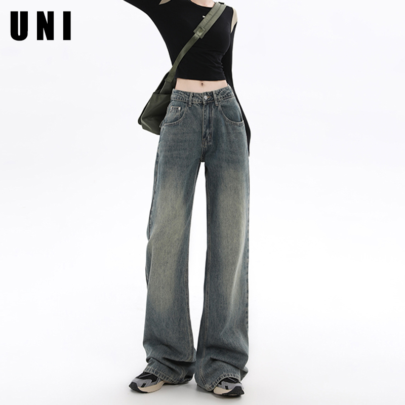 复古蓝高腰窄版直筒牛仔裤