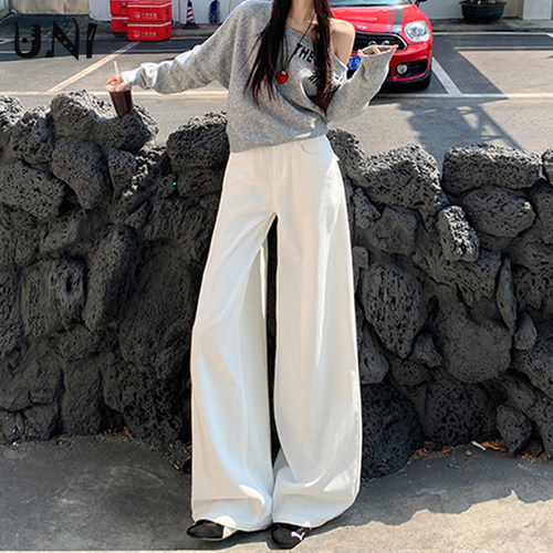 米白色高腰阔腿直筒显瘦牛仔裤女