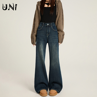 复古蓝高腰显瘦微喇牛仔裤女秋冬款加绒修身不贴腿直筒弹力喇叭裤