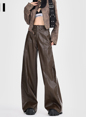 美拉德棕色PU皮裤女2023年秋季新款美式复古机车风高腰阔腿休闲裤