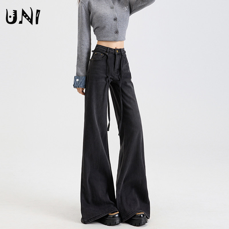 灰色加绒高腰微喇牛仔裤女秋冬复古胖mm显瘦抽绳宽松阔腿拖地长裤,女装/女士精品,牛仔裤,淘宝优惠券,粉丝福利购,淘宝优惠卷