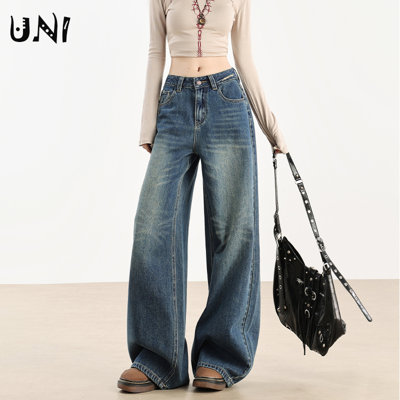 复古蓝高腰宽松阔腿牛仔裤