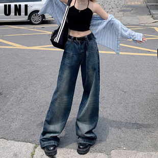 女初秋宽松显瘦vibe风直筒拖地老爹裤 美式 高街复古高腰牛仔阔腿裤