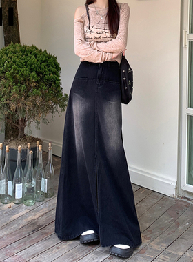 黑灰色复古高腰开叉牛仔半身裙女早秋设计感小众显瘦a字中长款裙