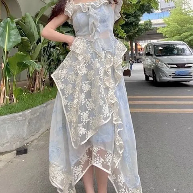 法式风情桔梗两件套装夏蓝色蕾丝超仙温柔奶系穿搭复古半身裙套装