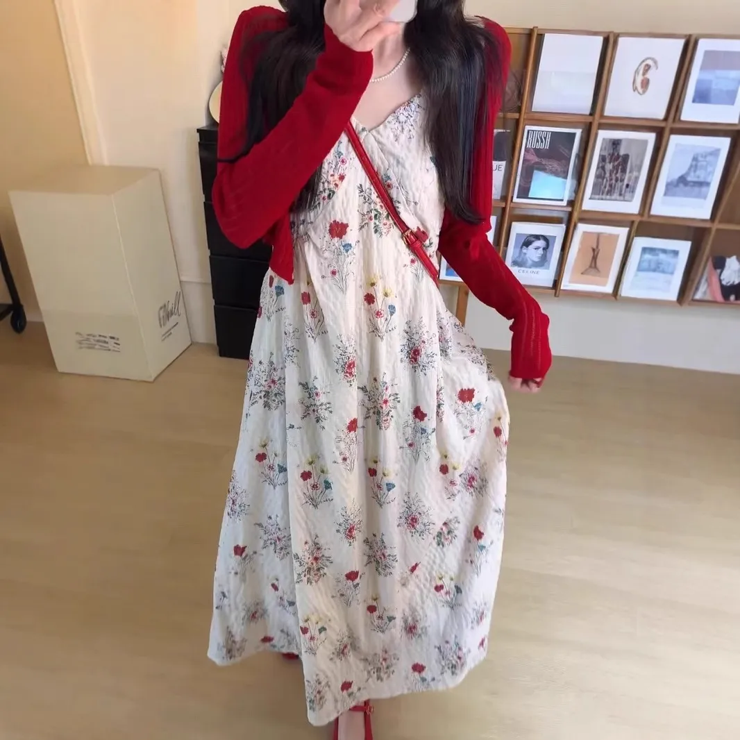 夏日绝美小个子白色碎花吊带连衣裙子套装女2025新款今年流行爆款