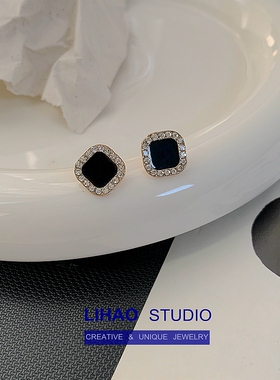 LIHAO黑色微镶锆石方形耳钉女2024新款时尚气质耳环ins轻奢高级感