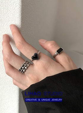 LIHAO黑色爱心滴釉戒指女ins潮酷复古个性冷淡风暗黑系叠戴指环男