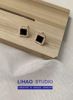LIHAO复古黑色方形珍珠耳钉女韩国气质百搭轻奢高级感显脸小耳环