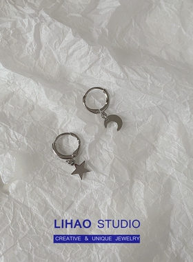 LIHAO复古欧美INS风星月圆圈耳环女男简约嘻哈朋克蹦迪钛钢不掉色
