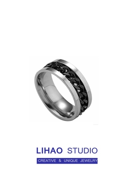 LIHAO黑色旋转链条戒指男INS潮流个性嘻哈欧美复古朋克钛钢不掉色