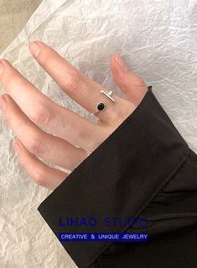 LIHAO黑白地带戒指女INS潮新款简约时尚个性冷淡风黑色圆形一字戒