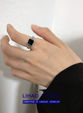 LIHAO围墙黑色方形几何戒指女INS潮流个性复古做旧百搭欧美高级感