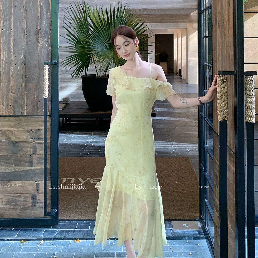 LS述致 氛围感超仙度假风显瘦长裙女2025夏季新款网纱连衣裙22619