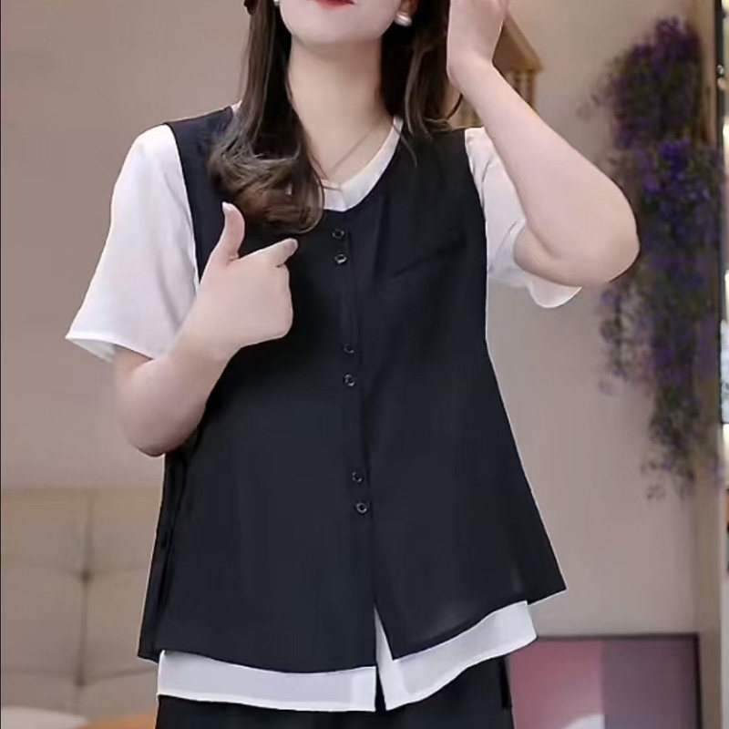 韩系女士高级感假两件马甲T恤图片