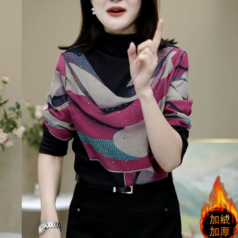 妈妈装加厚保暖一体绒印花小衫