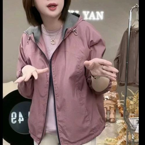 拼色两面穿长袖薄款连帽外套女