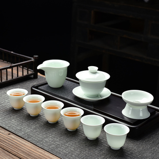家用会客整套白瓷简约盖碗青瓷泡茶茶杯中式 影青功夫茶具套装 礼品