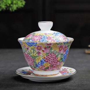 包邮 万花盖碗陶瓷功夫茶具手绘珐琅彩三才杯釉下彩家用茶碗敬茶杯