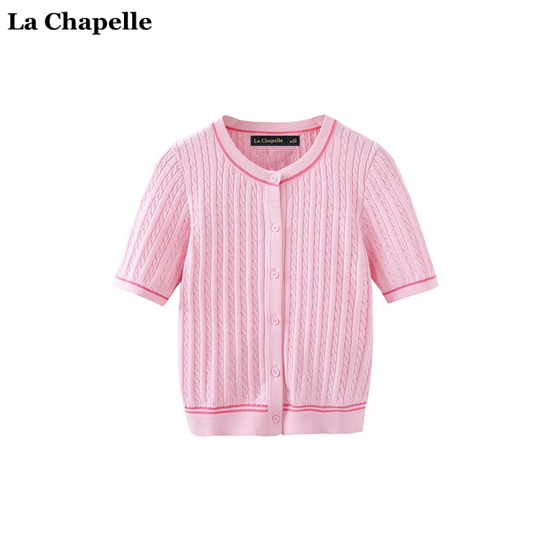 拉夏贝尔/La Chapelle春夏新款学院撞色修身短袖针织开衫气质上衣