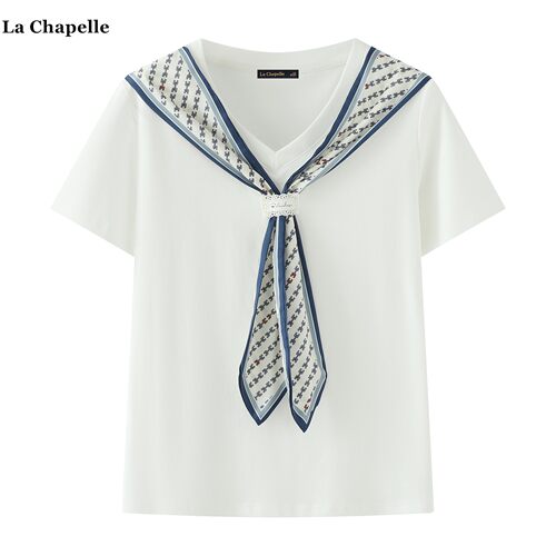 拉夏贝尔/La Chapelle正肩洋气领带短袖T恤女夏季新款v领宽松上衣