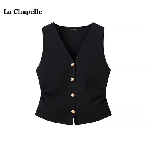 拉夏贝尔/La Chapelle高级针织背心马甲女秋季V领收腰无袖上衣女