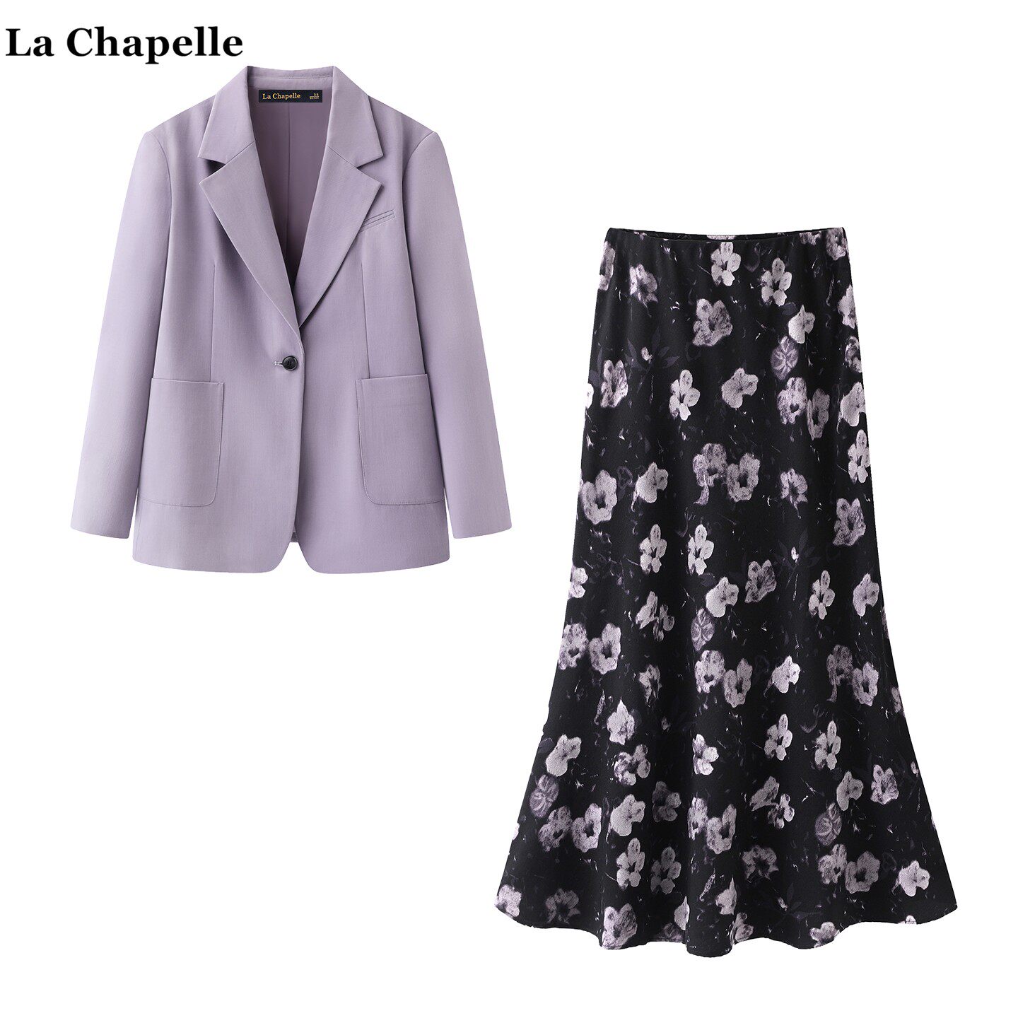拉夏贝尔/La Chapelle紫色通勤西服外套女碎花半身裙春季俩件套女