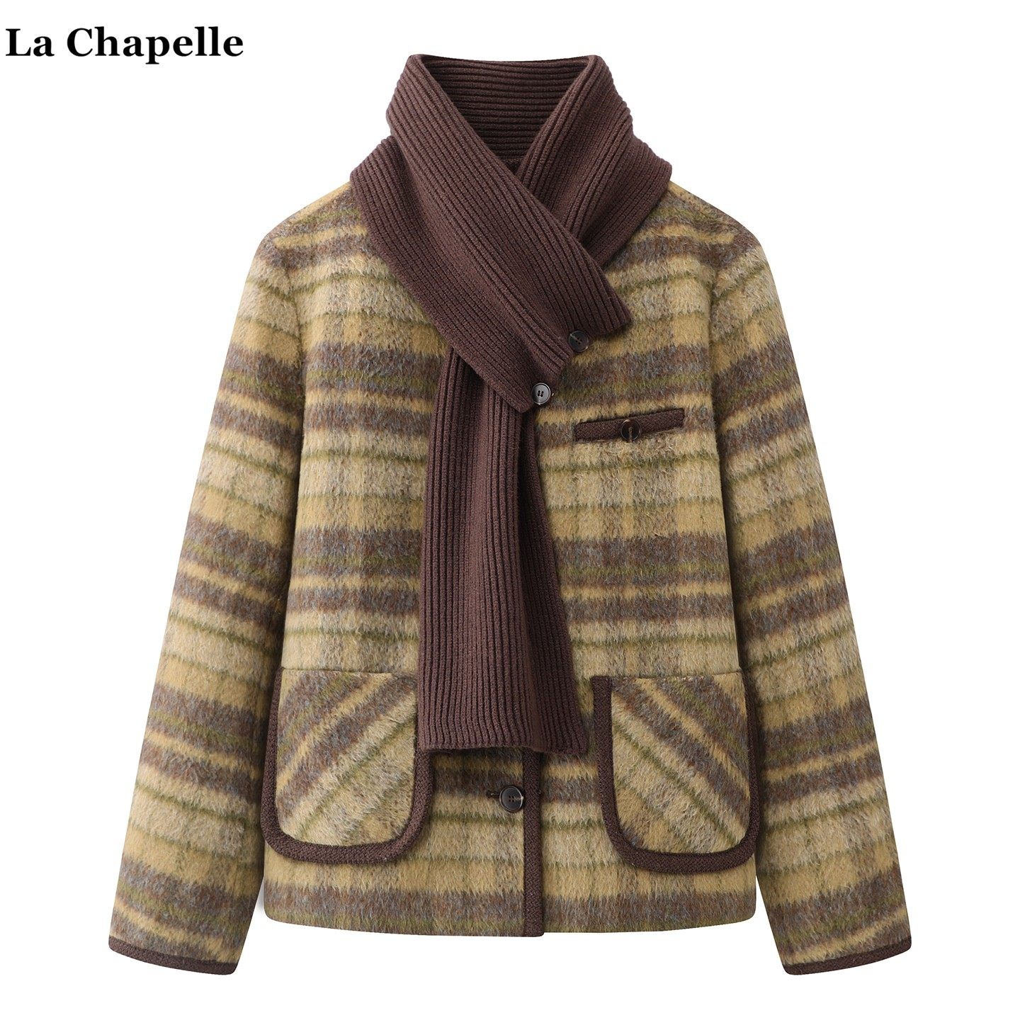 拉夏贝尔/La Chapelle学院风围巾领格子外套女冬季新款夹棉短夹克