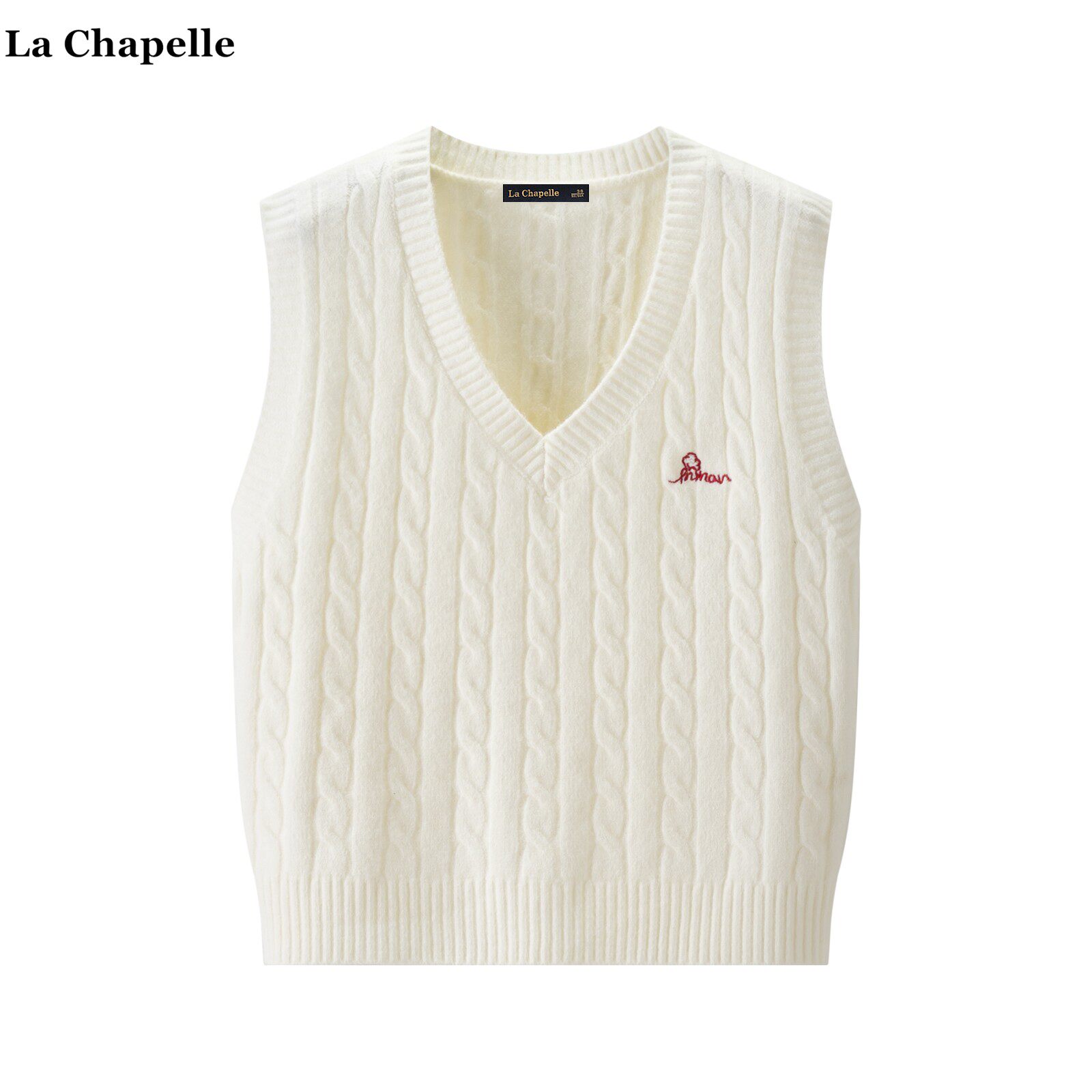 拉夏贝尔/La Chapelle学院风麻花v领刺绣针织背心马甲女叠穿坎肩