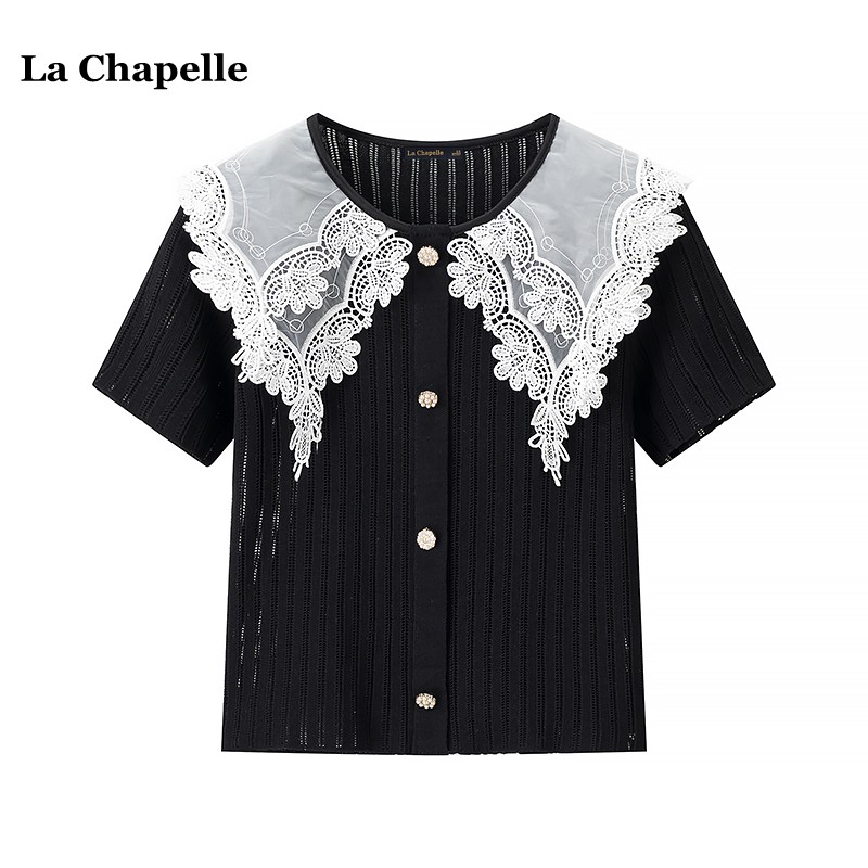拉夏贝尔/La Chapelle娃娃领短袖上衣女夏季小香风蕾丝拼接针织衫
