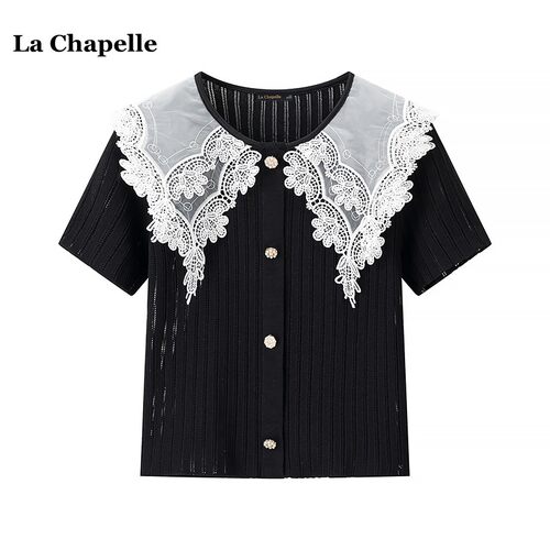 拉夏贝尔/La Chapelle娃娃领短袖上衣女夏季小香风蕾丝拼接针织衫