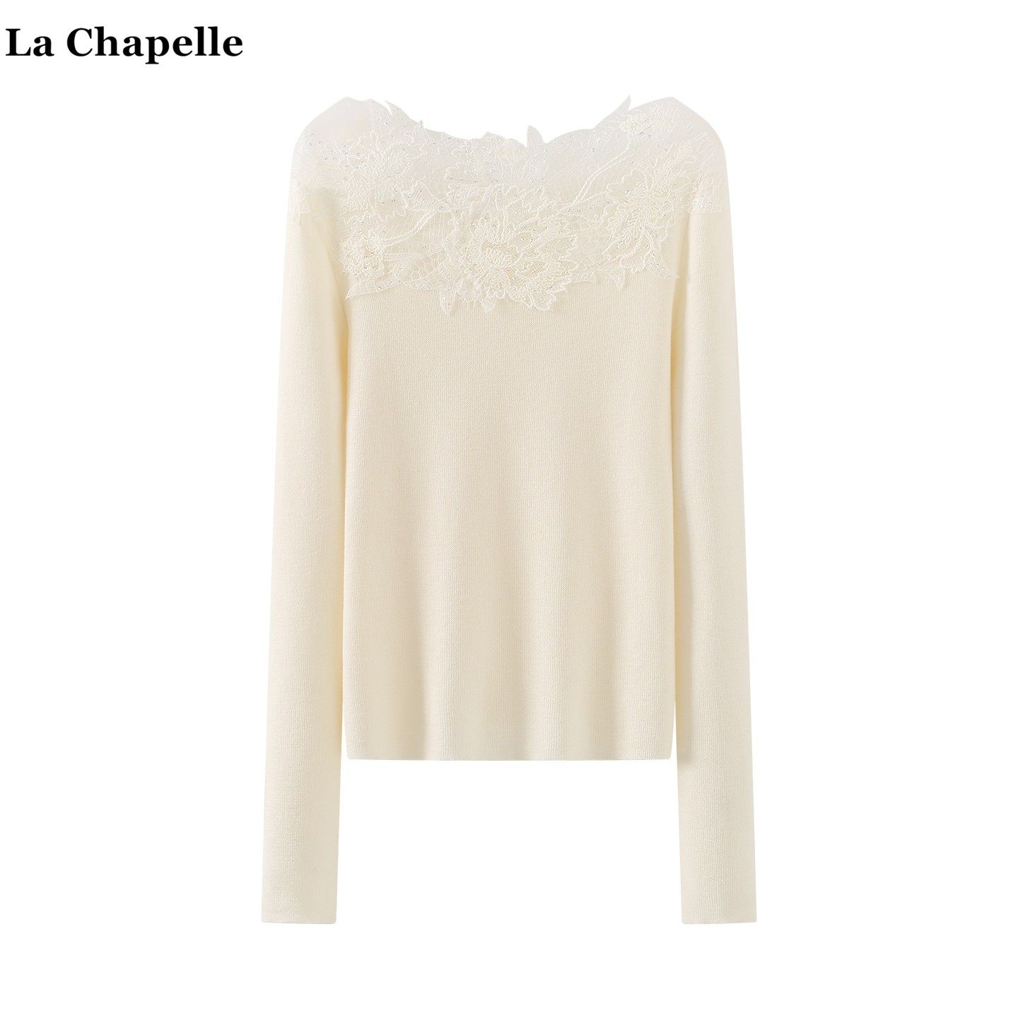 拉夏贝尔/La Chapelle一字肩网纱亮片针织衫女蕾丝拼接打底衫上衣,女装/女士精品,毛针织衫,淘宝优惠券,粉丝福利购,淘宝优惠卷