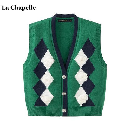 拉夏贝尔韩版V领菱格马甲针织衫