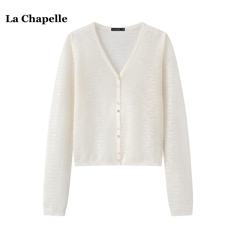 拉夏贝尔/La Chapelle韩系V领长袖针织衫女夏季新款宽松百搭上衣