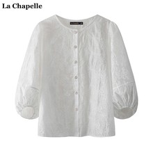 拉夏贝尔/La Chapelle白色娃娃衫衬衣女春夏圆领七分袖衬衫上衣