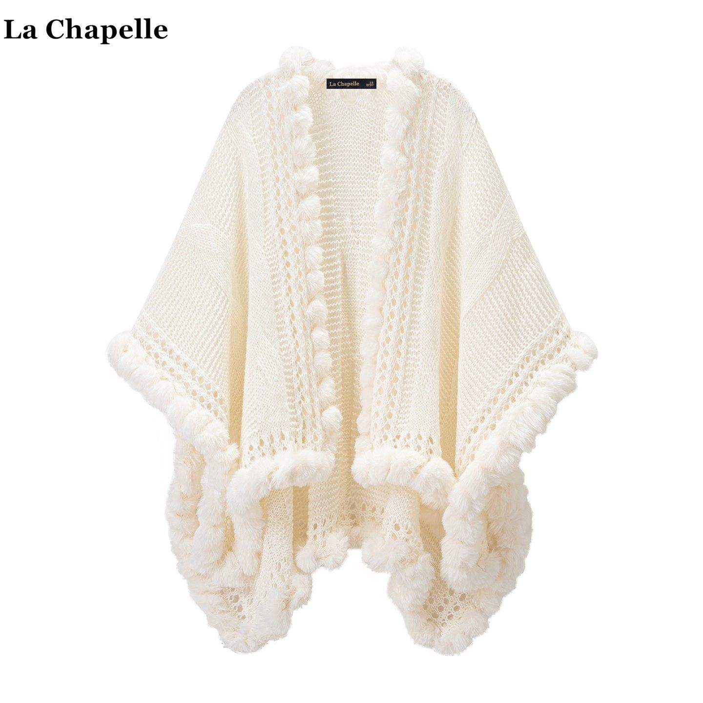 拉夏贝尔/La Chapelle慵懒风麻花针织披肩女纯色镂空毛毛斗篷开衫
