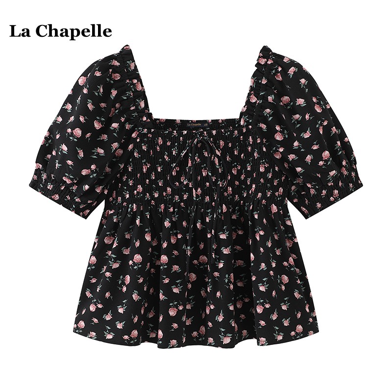 拉夏贝尔/La Chapelle夏季方领碎花雪纺衫泡泡袖甜美衬衣女娃娃衫