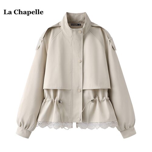 拉夏贝尔/La Chapelle收腰抽绳立领风衣女春季新款休闲小个子外套