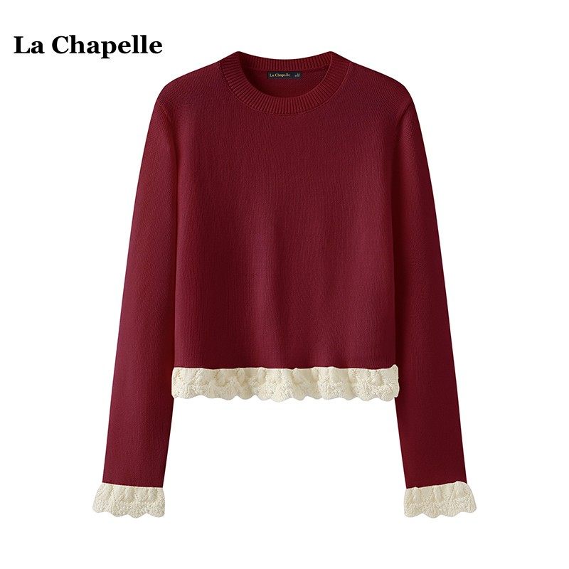 拉夏贝尔/La Chapelle小香风圆领镂空花边针织衫女春季慵懒风毛衣