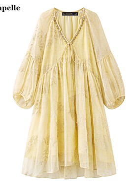 拉夏贝尔/La Chapelle法式灯笼袖连衣裙女春夏季新款度假风碎花裙