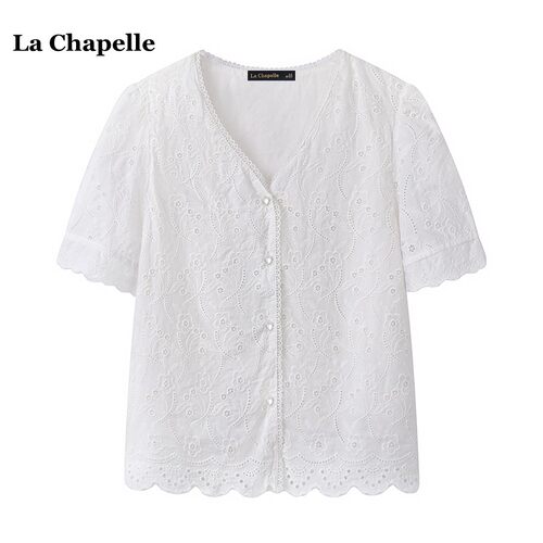 拉夏贝尔/La Chapelle镂空刺绣V领衬衣女夏季小香风气质小衫上衣