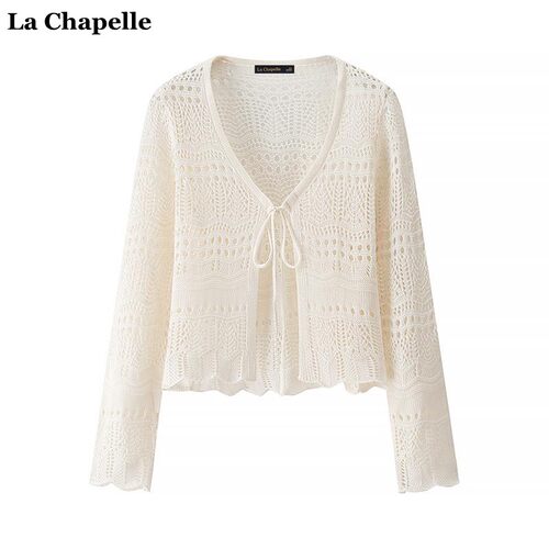 拉夏贝尔/La Chapelle镂空绑带长袖针织衫女夏季新款纯色系带开衫